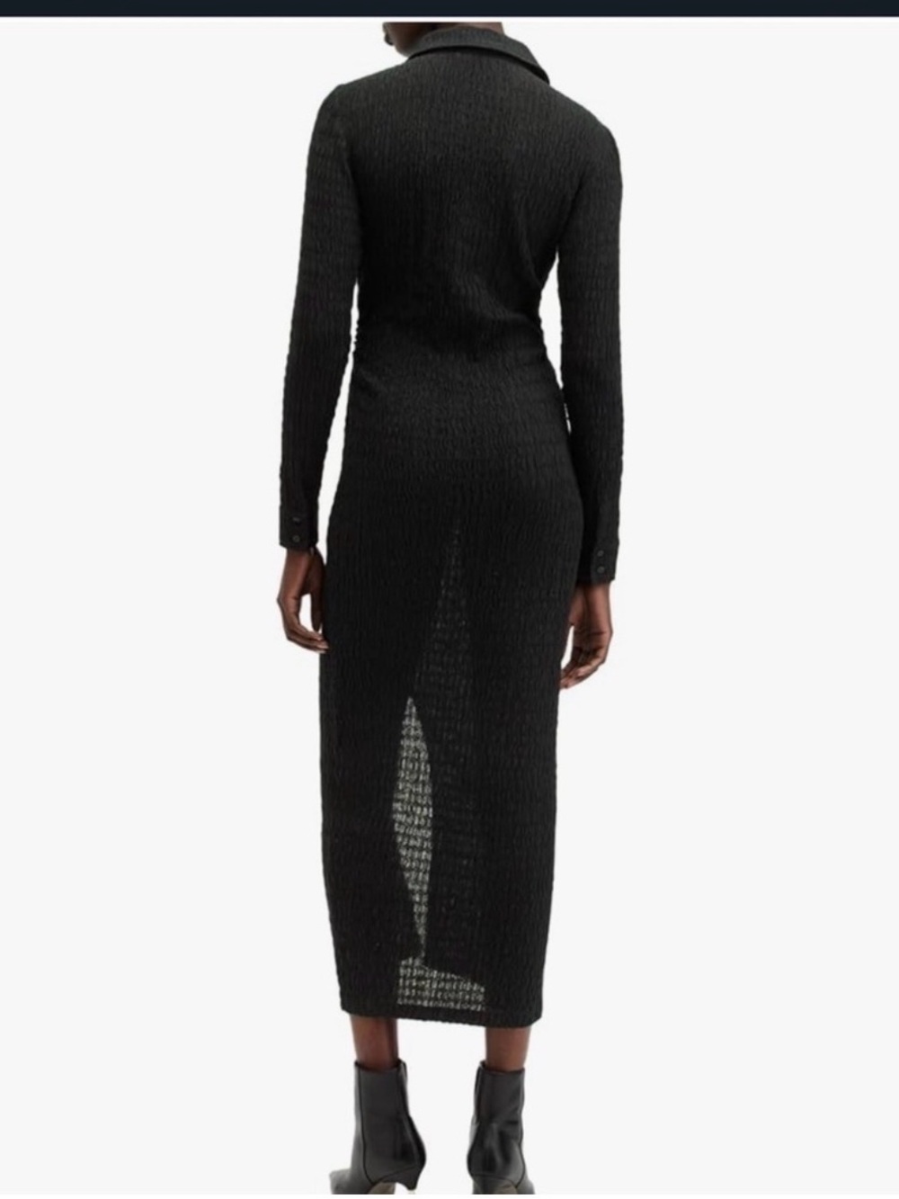 AllSaints Black Bodycon Connie Long Sleeve Ribbed Button-Front Collar Midi Dress - Picture 4 of 10